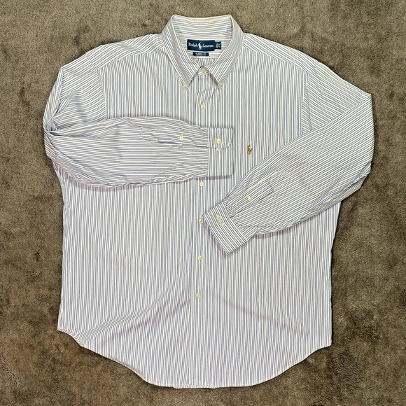 Ralph Lauren Shirt Men 17.5 Classic Fit Cotton 100%Button Down Pink Blue Striped - Picture 3 of 11